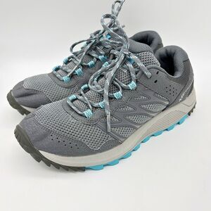 Merrell Wildwood Gray Blue Trail Hiking Sneakers Women’s 7.5 Mesh Rock Grip